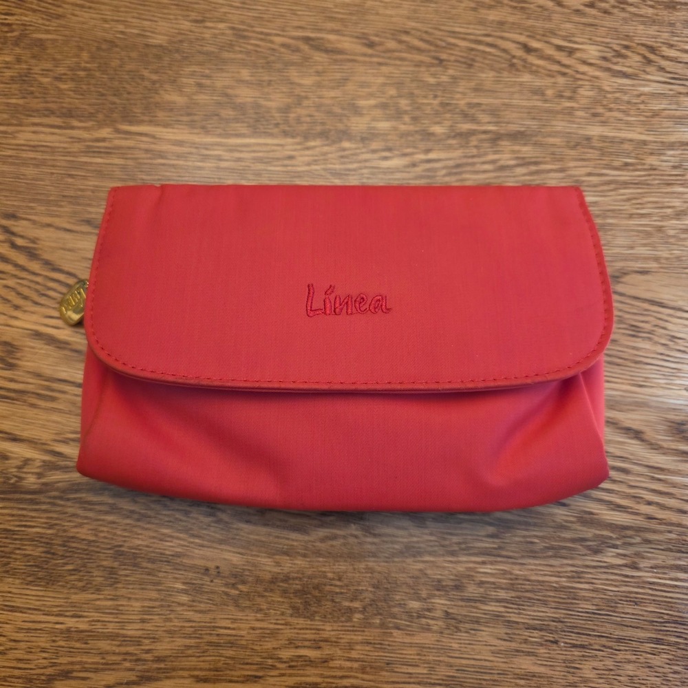 Linea Coral Orange Nylon Clutch Pouch Makeup Travel Bag Mirror Zipper Pouch